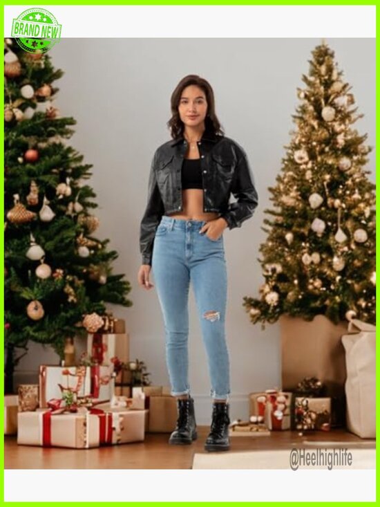 Faux Leather Cropped Moto Jacket, Long Sleeve Button Closure, Point Collar - Picture 6 of 7